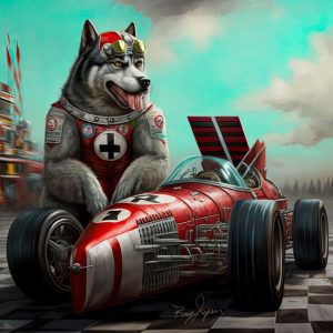 I let the dogs out racing - Alaskan Malamute driving a formula one car