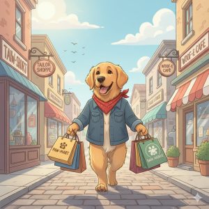 I let the dogs out shopping - Golden Retriever holding shopping bags