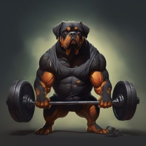 I let the dogs out fitness logo - Rottweiler dog lifting a heavy barbell